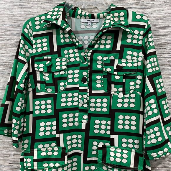 Vintage Vertigo Paris Green Geometric Polka Dot Shirt Dress W/ Pockets & 3/4 Sle - Picture 6 of 6